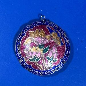 VINTAGE Cloisonné Enamel Floral Butterfly Double Sided 1.5” Puffy Round Pendant